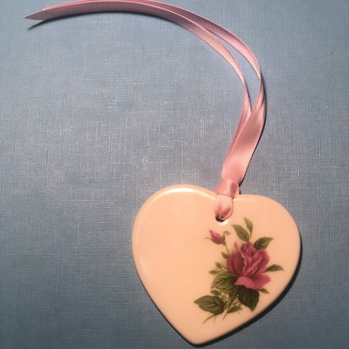 Christmas Bauble in a flat heart shape with matching ribbon