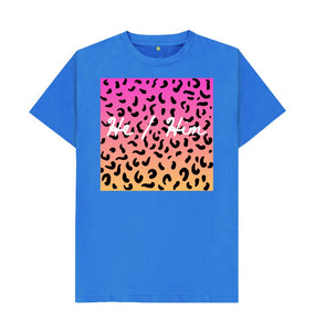 Bright Blue He Him leopard print T-shirt