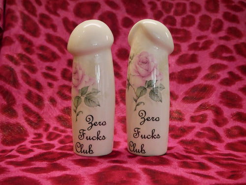 A Pair of Salt and Pepper Cockshakers 'Zero Fucks Club' - Outlandish Creations X Luinluland Collaboration