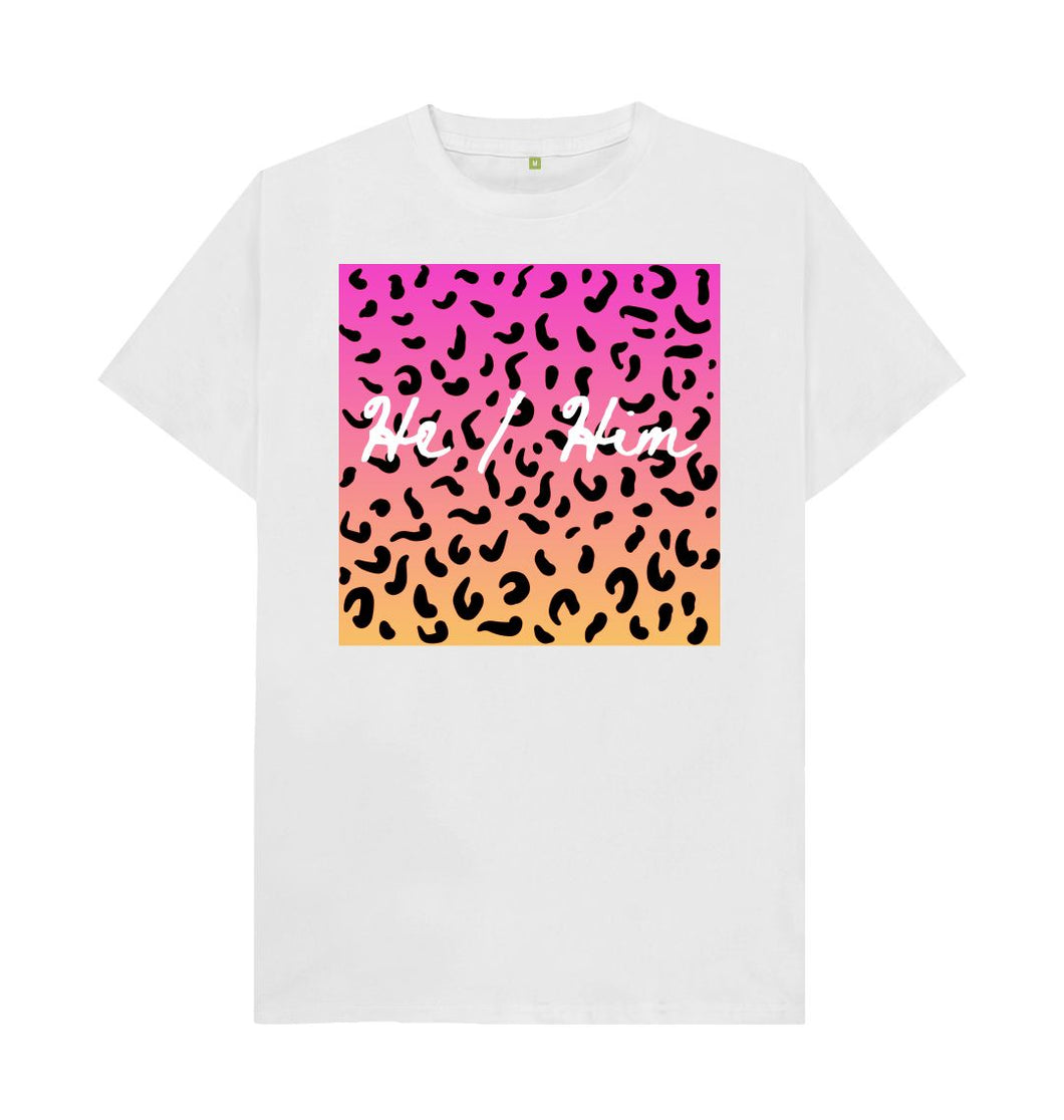 White He Him leopard print T-shirt