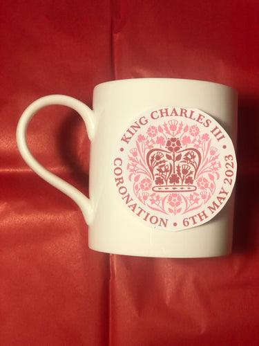 King Charles III Coronation mug in solid pink and red (limited edition)